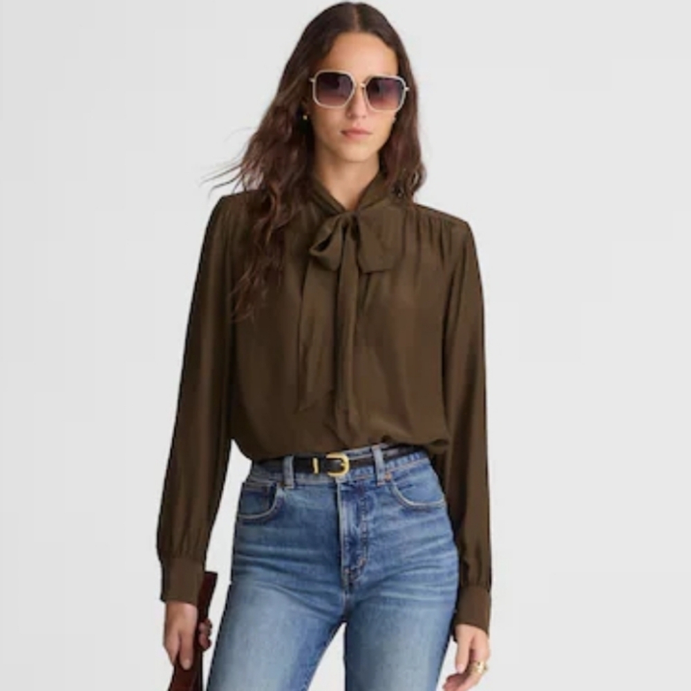 NWT Madewell Tie Neck Long Sleeve Top Blouse Medium